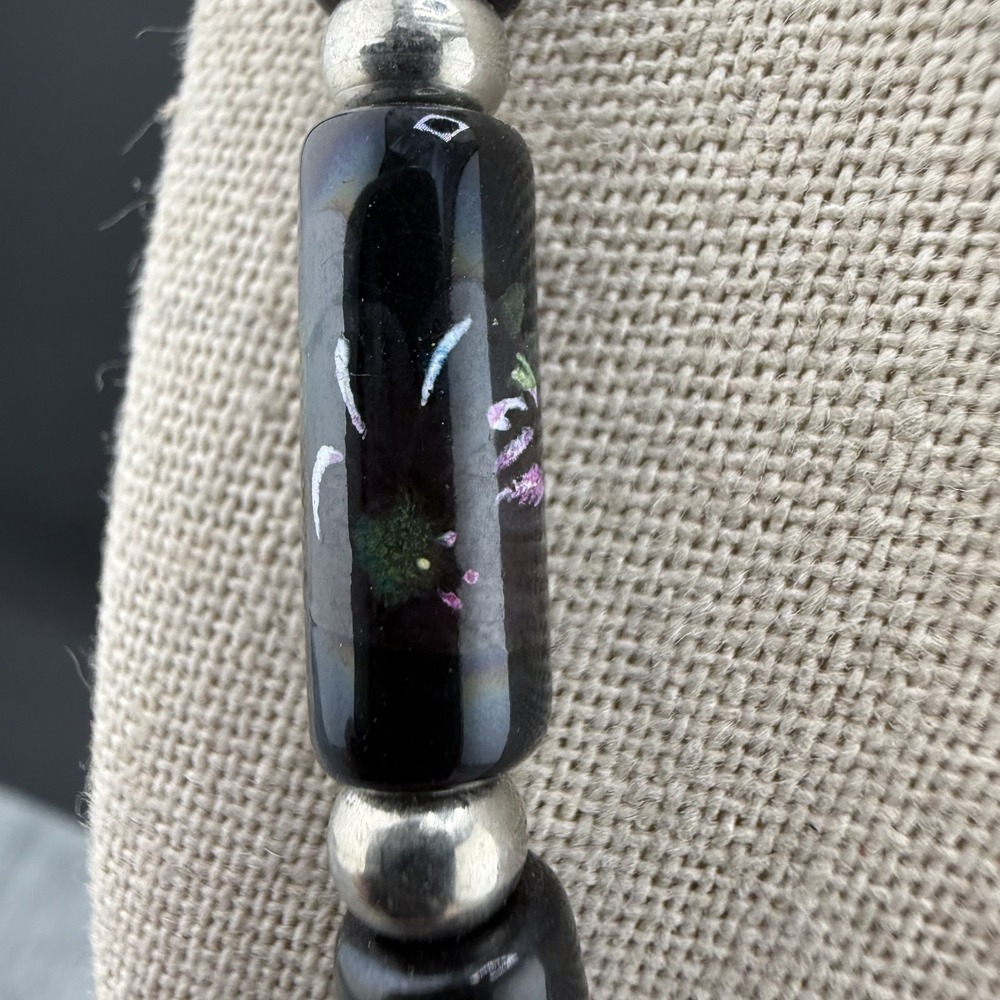 Vintage Necklace Painted Black Glass Beaded‎ Flower Silver Tone 30"